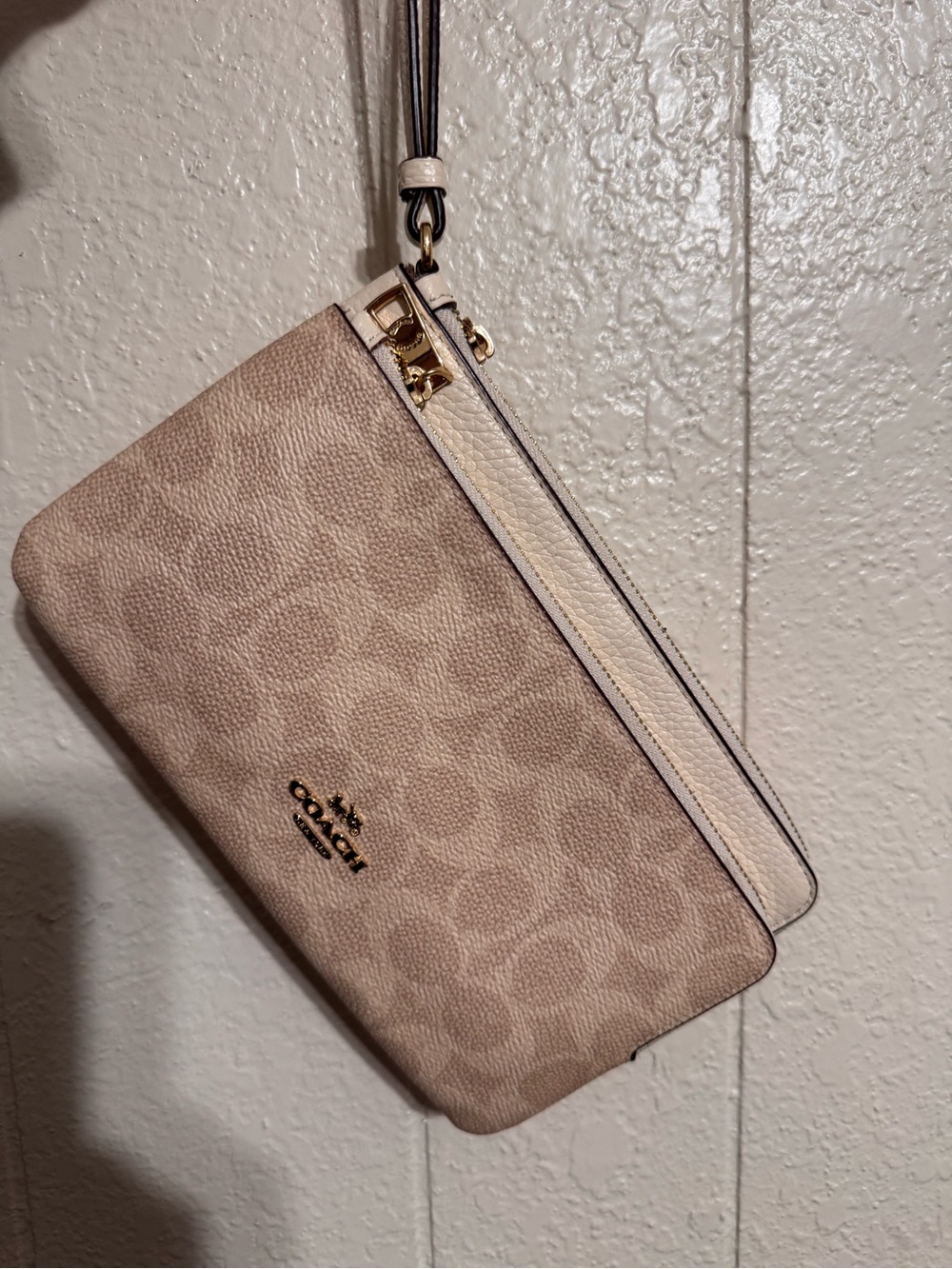 Coach Beige Signature Double Zip Wristlet with Gold Hardware